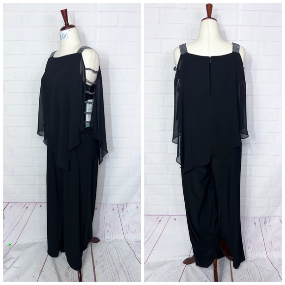 NWT($100) |•MSK•| Wide Leg Jumpsuit Rhinestone Cold Shoulder Sleeves Size L - Picture 2 of 14